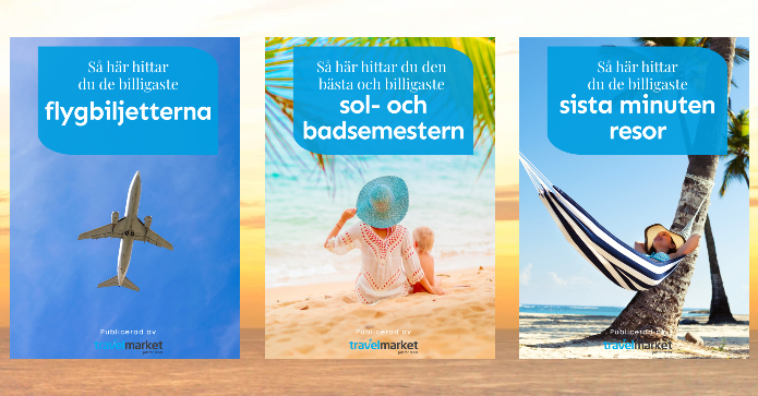 Tre annonser som marknadsför billiga resealternativ: flygbiljetter, sol- och badsemestrar och sistaminutenresor, med en bild på ett flygplan, en person på stranden och en person i en hängmatta.