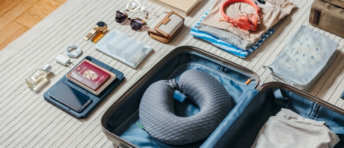 Öppen resväska på golvet redo för en resa bort med pass, mobiltelefon, surfplatta, parfym, solglasögon, plånbok, hörlurar, laddare, kläder och en resekudde
